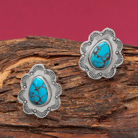 Native American Oxidized Hand Stamped Pear Turquoise Stud Earrings
