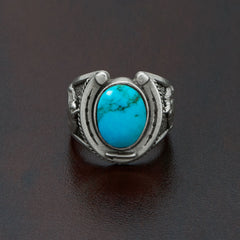 Oxidized Turquoise Horseshoe Ring with Horse Design