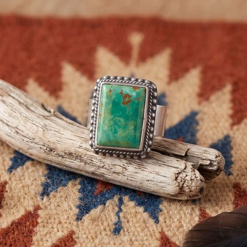 Oxidized Rectangle Turquoise Ring with Bead and Rope Edge