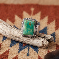 Oxidized Rectangle Turquoise Ring with Bead and Rope Edge