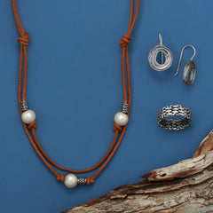 Leather and Pearls! Sterling Silver Jewelry Set