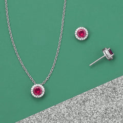 Rhodium Plated Fuchsia CZ Halo Jewelry Set - July