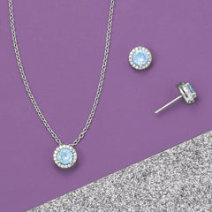Rhodium Plated Light Blue CZ Halo Jewelry Set - March