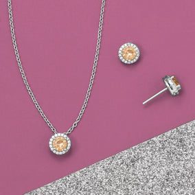 Rhodium Plated Orange CZ Halo Jewelry Set - November