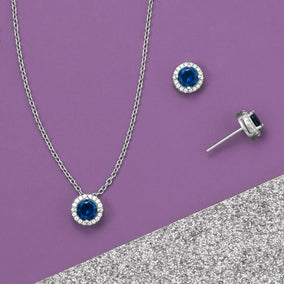 Rhodium Plated Dark Blue CZ Halo Jewelry Set - September