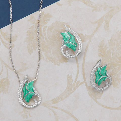 Rhodium Plated Mint Green Glitter Enamel CZ Lily Jewelry Set