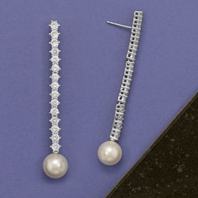 Rhodium Plated Simulated Pearl and CZ Drop Post Back Earrings