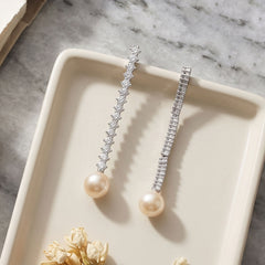 Rhodium Plated Simulated Pearl and CZ Drop Post Back Earrings