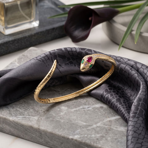Coiled in Gold! 14 Karat Gold Plated CZ Snake Cuff Bracelet