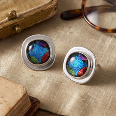 Handmade Blue Dichroic Glass Post Back Earrings