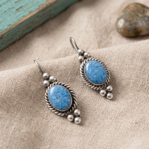 Oxidized Oval Denim Lapis Drop Earrings