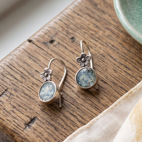 Oxidized Ancient Roman Glass Flower Drop Earrings