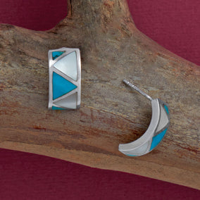 Turquoise and Mother of Pearl Inlay 1/2 Hoop Earrings