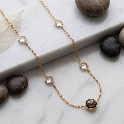 16" + 2" 14 Karat Gold Plated Smoky and Clear Quartz Station Necklace