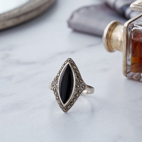 Marcasite and Black Onyx Statement Ring