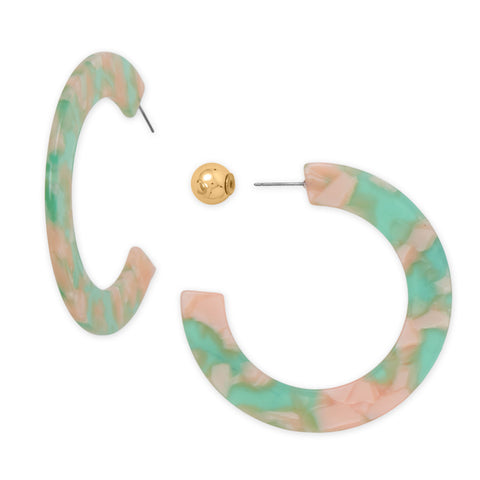 Gold Tone Green Marble Acrylic 3/4 Hoop Fashion Earrings