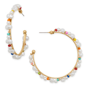 Gold Tone Rainbow Seed Bead and Imitation Pearl 3/4 Fashion Hoop Earrings