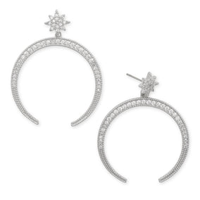 Rhodium Plated Star CZ and Crescent Drop Fashion Earrings