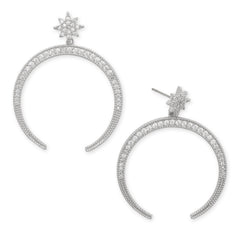 Rhodium Plated Star CZ and Crescent Drop Fashion Earrings