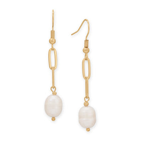 Gold Tone Paperclip and Cultured Freshwater Pearl Drop Fashion Earrings