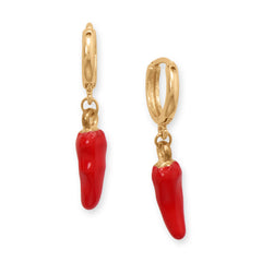 Gold Tone Red Enamel Chili Pepper Drop Fashion Hoop Earrings