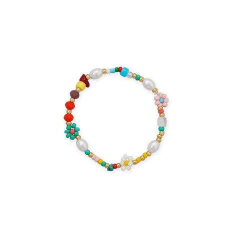 Multi Color Flower and Imitation Pearl Friendship Bracelet