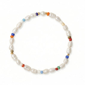 Rainbow Seed Bead and Cultured Freshwater Pearl Stretch Bracelet