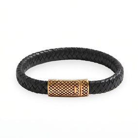 18 Karat Gold PVD Stainless Steel and Braided Leather Magnetic Clasp Men's Bracelet
