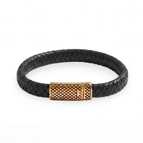 18 Karat Gold PVD Stainless Steel and Braided Leather Magnetic Clasp Men's Bracelet