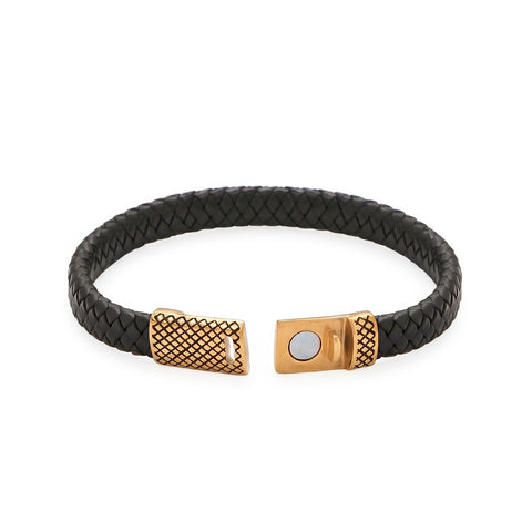 18 Karat Gold PVD Stainless Steel and Braided Leather Magnetic Clasp Men's Bracelet