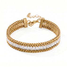 6" + 2" 18 Karat Gold PVD Stainless Steel Baguette CZ Wheat Chain Bracelet
