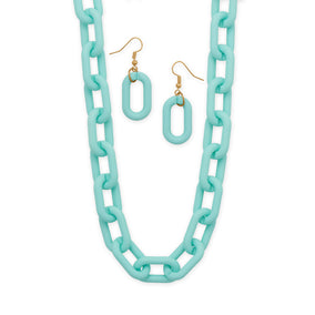 16" + 3" Gold Tone Pastel Blue Silicone Link Fashion Necklace and Earring Set