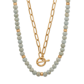 15" + 3" / 17" Wood Bead and Paperclip Style Toggle Fashion Necklace Set