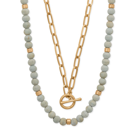 15" + 3" / 17" Wood Bead and Paperclip Style Toggle Fashion Necklace Set