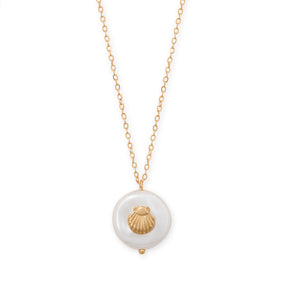 16" + 3" Gold Tone Imitation Coin Pearl and Seashell Fashion Necklace