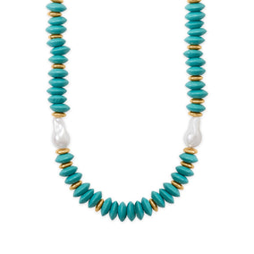 16" + 3" Gold Tone Imitation Pearl and Wood Bead Fashion Necklace