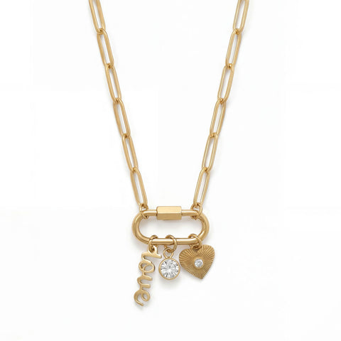 18" + 2" 18 Karat Gold PVD Stainless Steel Carabiner Love Charm Necklace