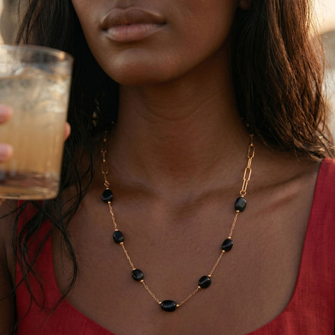 16" + 2" 18 Karat Gold PVD Stainless Steel Black Onyx Station Paperclip Chain Necklace
