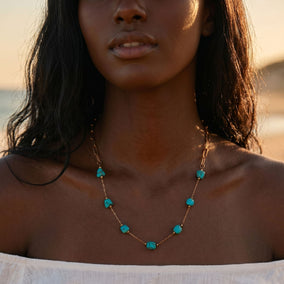 16" + 2" 18 Karat Gold PVD Stainless Steel Turquoise Station Paperclip Chain Necklace