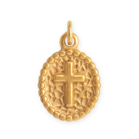 18 Karat Gold PVD Stainless Steel Oval Cross Medallion Charm