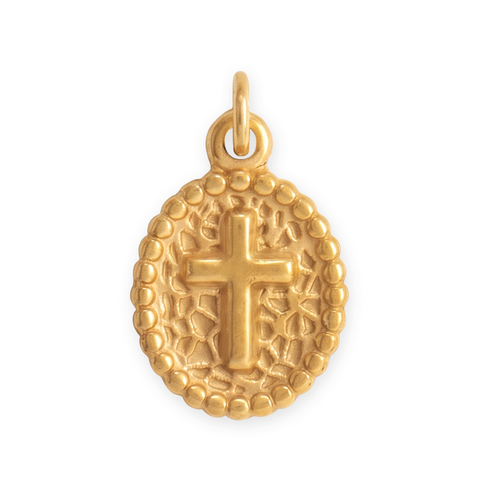 18 Karat Gold PVD Stainless Steel Oval Cross Medallion Charm