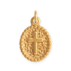 18 Karat Gold PVD Stainless Steel Oval Cross Medallion Charm