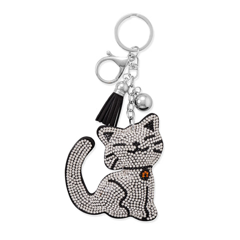 Silver Tone Smiling Crystal Kitty Bag Charm