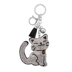 Silver Tone Smiling Crystal Kitty Bag Charm