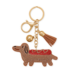 Gold Tone Brown Crystal Hot Dog Dachshund Bag Charm