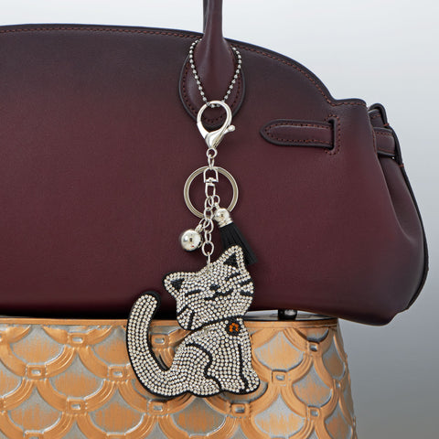 Silver Tone Smiling Crystal Kitty Bag Charm