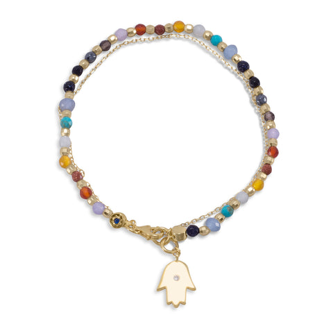 Double Strand 14 Karat Gold Plated Chakra Stone Bracelet with Hamsa Charm