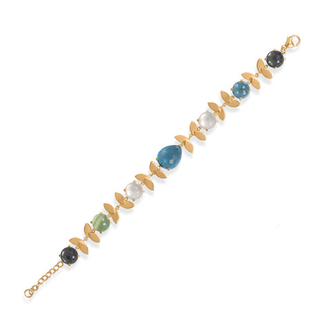 6.5" + 1" Lovely Leaves! 14 Karat Gold Plated Multi Stone Bracelet