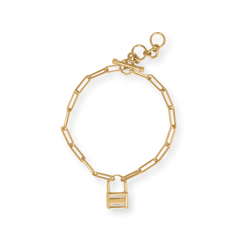 7.5" 14 Karat Gold Plated CZ Lock Toggle Bracelet