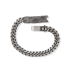 Mens Curb Chain ID Bracelet with Handmade Snakeskin Plate Black Ruthenium Brushed Sterling Silver Mens Curb Chain ID Bracelet with Handmade Snakeskin Plate Black Ruthenium Brushed Sterling Silver